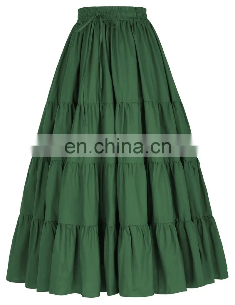 Belle Poque Women's Solid Green Color Wide Hem Cotton Maxi Skirt Long Skirt BP000207-3