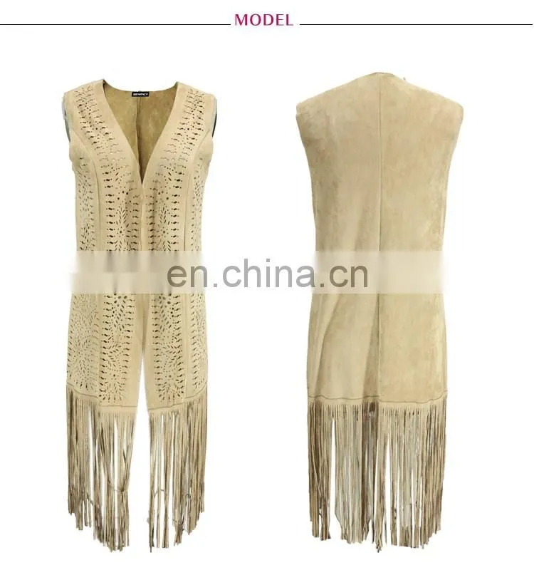 Wholesale Camel Color Laser Cut Suede Long Cardigan With Fringe