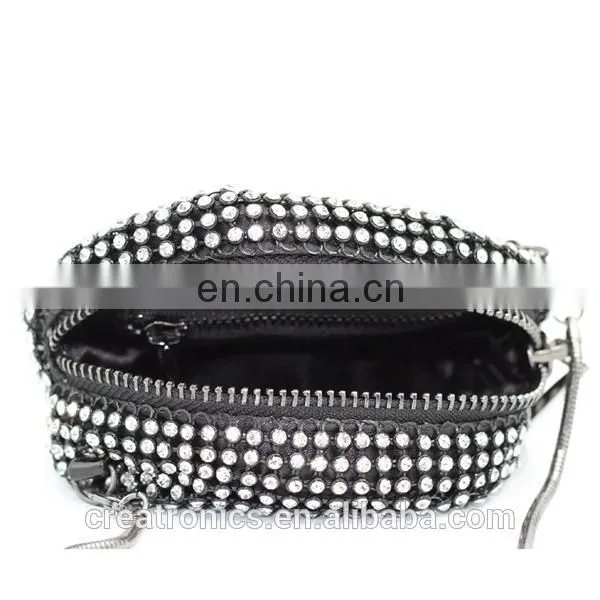 CR More than 80% customer repeat order shining diamond surface long chain round shaped black zipper new fashion mini coin purse