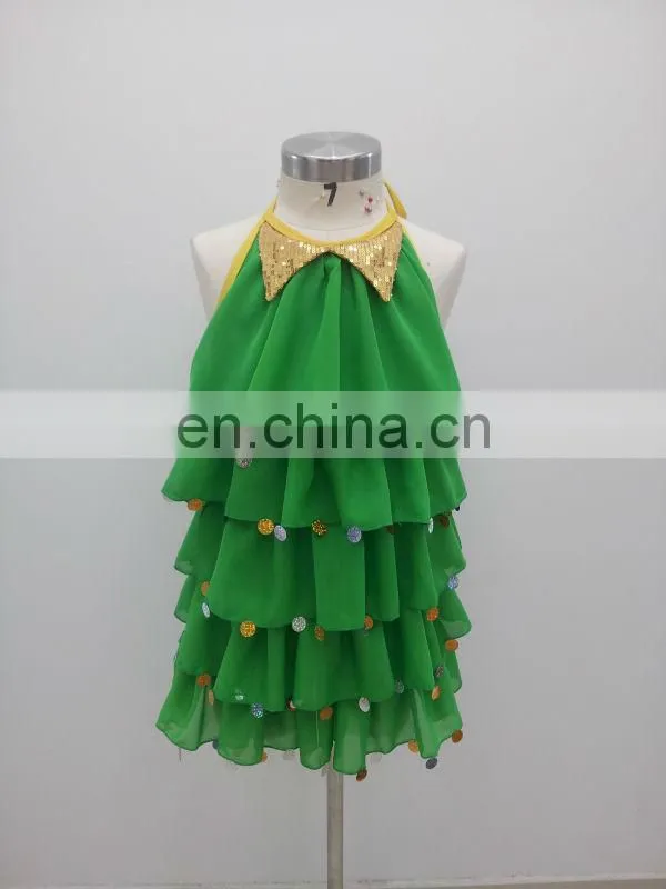 Sequins halter-neck green chiffon children girls stage dance costume dress ET-029#