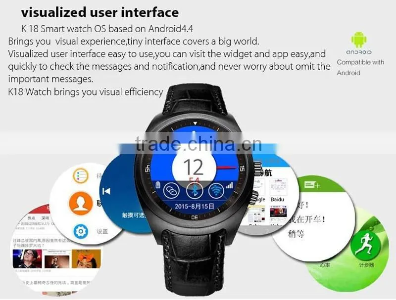 2016 Hot Selling MTK6572 1.4 " IPS 3G GPS WiFi Bluetooth Android 4.4 K18 Smart Watch
