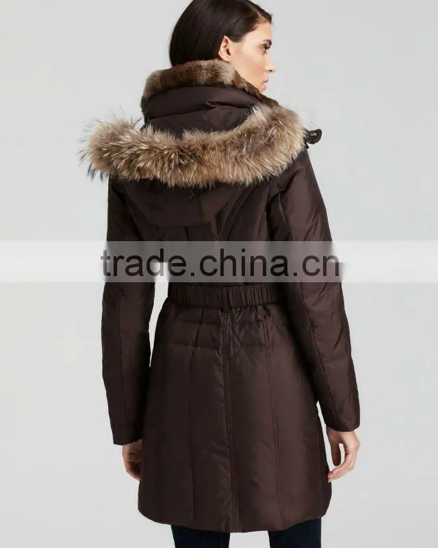 2016 New Fashion Belted Jackets with Fur Hood Down Coat for girls