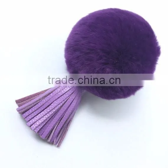 Deep Purple Rabbit Fur bag charm keychain with real leather tassel