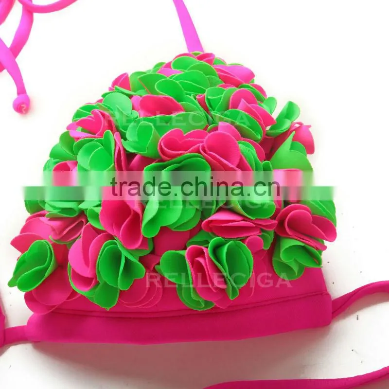 RELLECIGA Solid Color Bikini Series - Hot Pink with 3D Green Blooming Flower Triangle Top Bikini Set with Moderate Push-up Molde