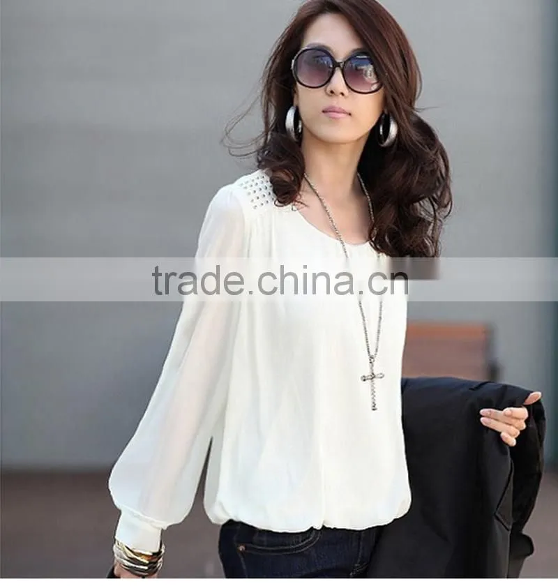 Sexy women Chiffon Blouses Puff Long Sleeve Lace Shirts Loose O-neck Plus SizeTops