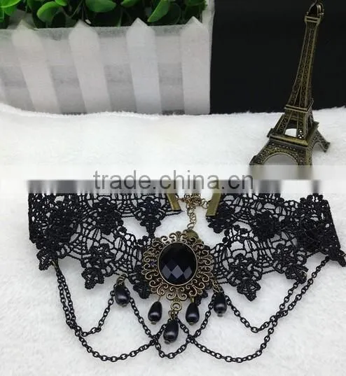 Black Bead Pendant Chain Flower Lace Choker Handmade Women Necklace Gothic Vintage