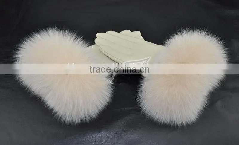 Top Luxury Fashion Desgin Beautiful Fox Fur Wrist Ladies Sheepskin Leather Gloves