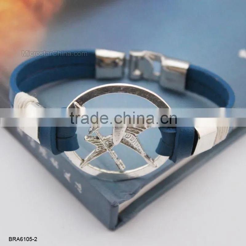 Fashion Black Leather Rudder Charm Bracelet