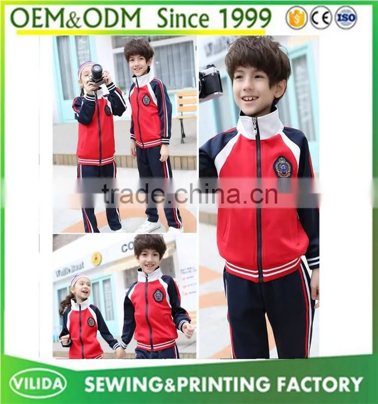 England style fashion winter primary school uniform high quality zipper red coat and bule trouser