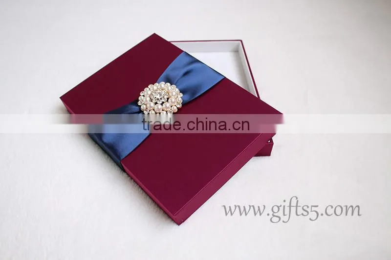 Custom Burgundy wedding invitation boxes with brooch in handmade