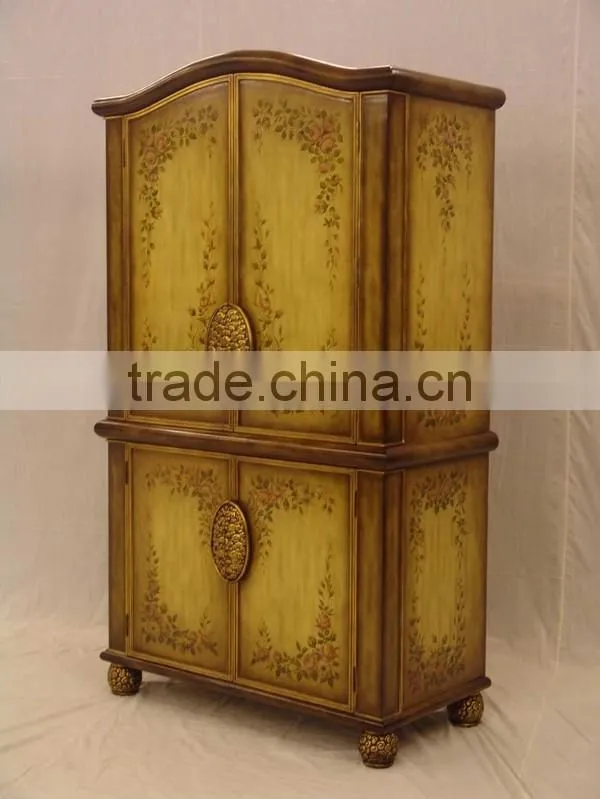 Antique Hand Carved Bedroom furniture, Luxury Gold Painted Wooden Armoire, Classical Drawing Art Wardrobe