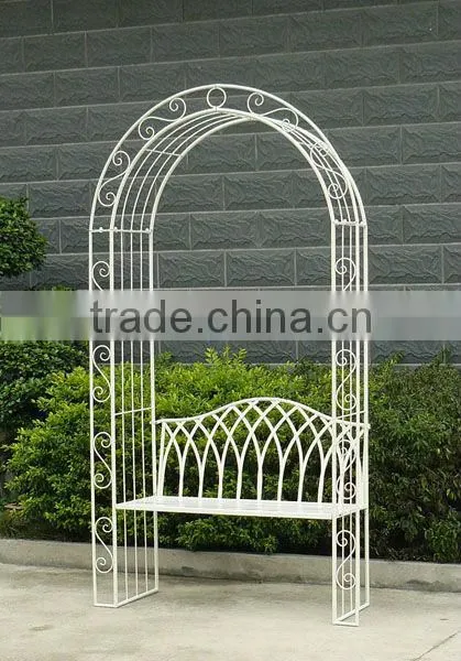 Metal artistic garden arch with bench for outdoor wedding