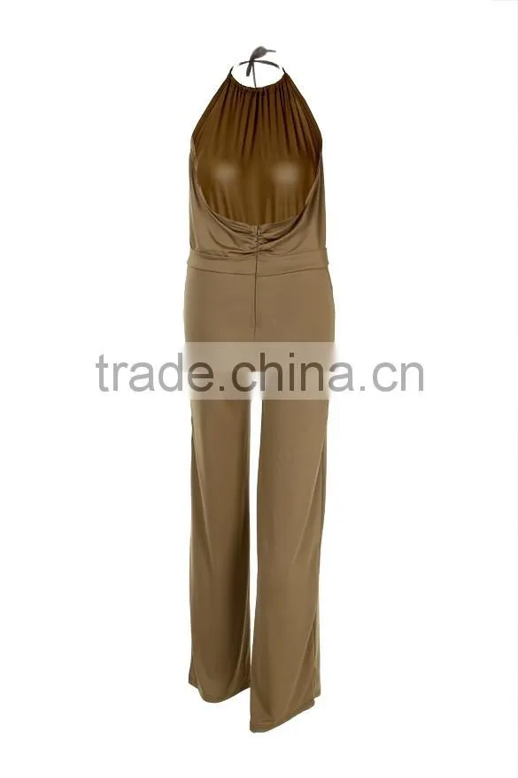 Wholesale Custom Lady Women's Fashion Casual Halter Off-shoulder Backless Sexy Solid Evening Long Romper And Jumpsuit For Woman