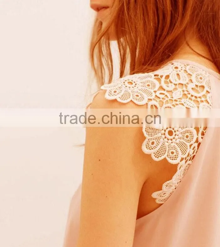 New Women Fashion Summer Lace Floral Hollow Splice Sleeveless Chiffon Blouses