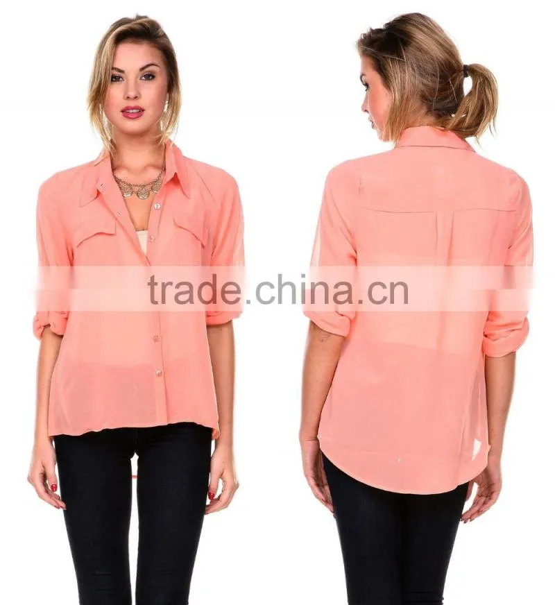 Latest Women Long Sleeve Loose Chiffon Casual Tops Button Down Shirt Ladies Blouse