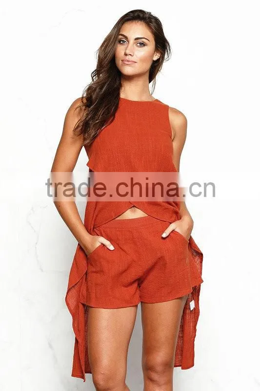Cotton & Linen Fashionable High Low Crop Tops And Shorts Women Two Piece Sets