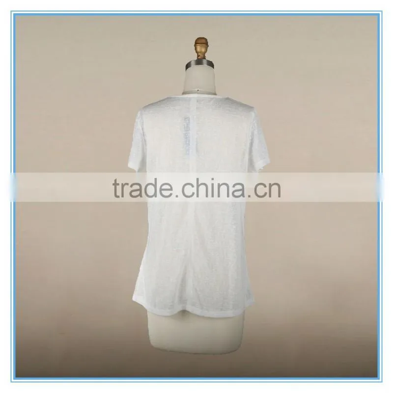 Fashion Woman Korean Lace Linen Fabric Blouse Beaded Neck Design