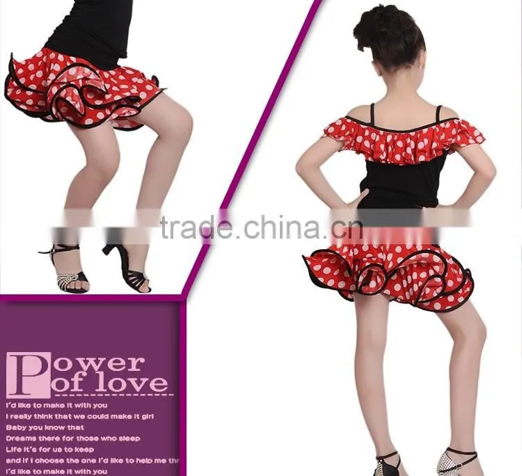 Girls Child Performance Latin Dance Skirt Suit Kid Dew Shoulders Lotus Leaf Polka Dot Dress
