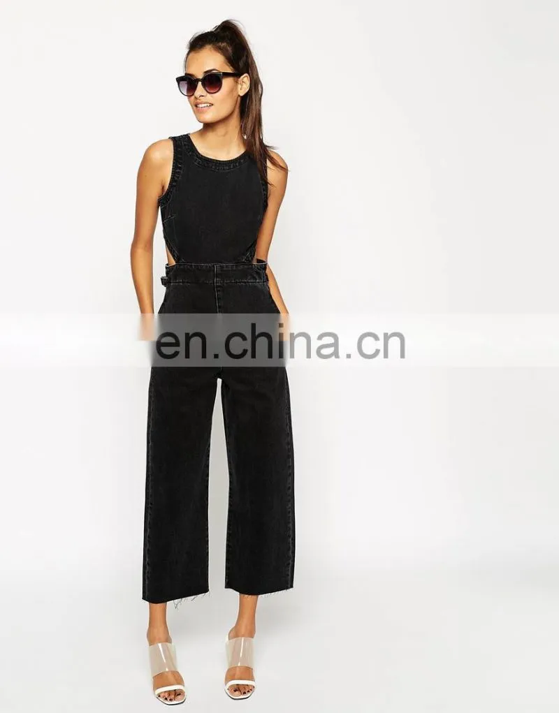 Washed Black Wide Leg Cut Out One Piece Denim Jumpsuit