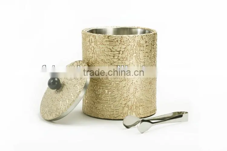 Hot Sale Gold Color Stainless Steel Material Leather Covered Ice Bucket With Tongs KL-A220