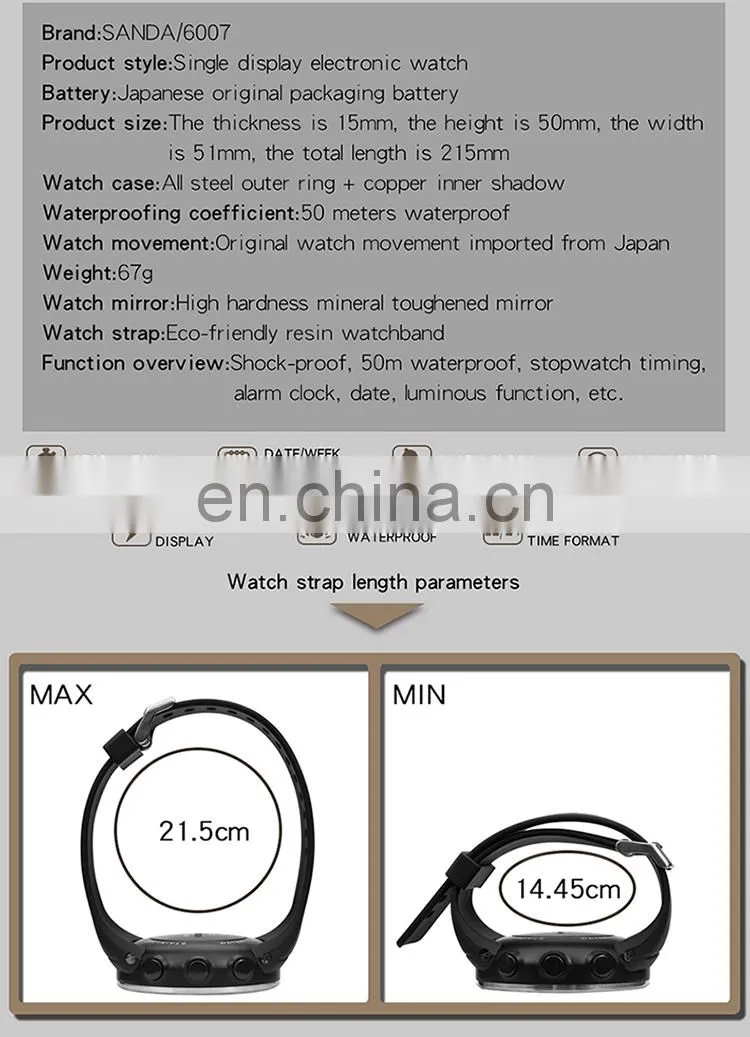 Sanda 6007 Sports Men LED Electronic Watch Chrono Alarm Waterproof Functional Digital Wristwatch