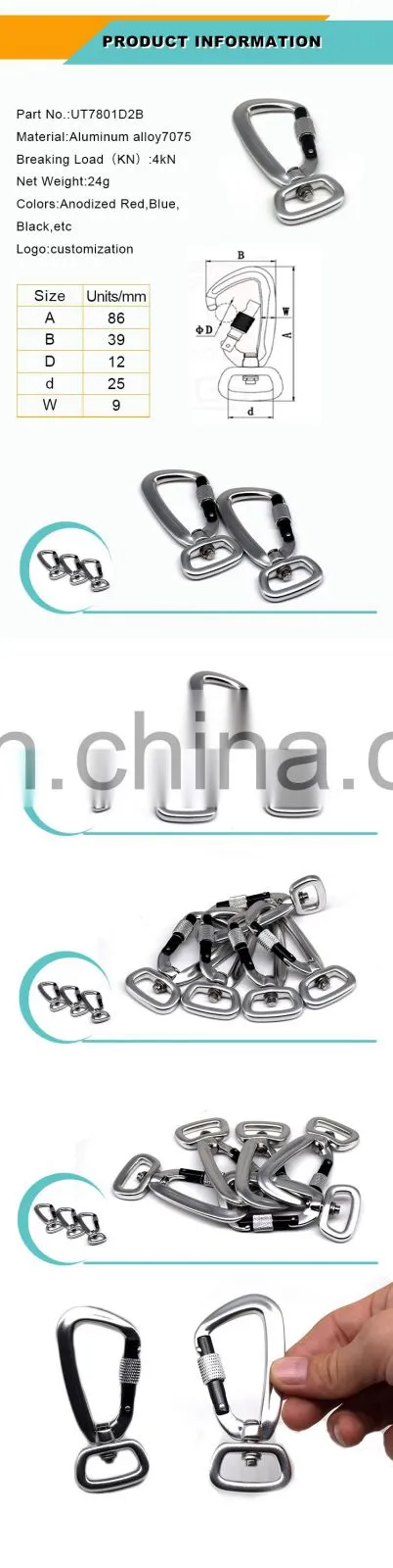 wholesale custom camping sling swivel carabiner hook with screw lock