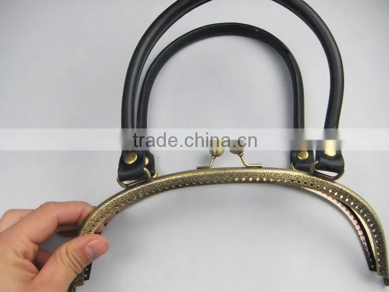 24.3*9.8cm Antique brass handbag frame metal handbags sewing frame with an elegant lock and leather handle for bag
