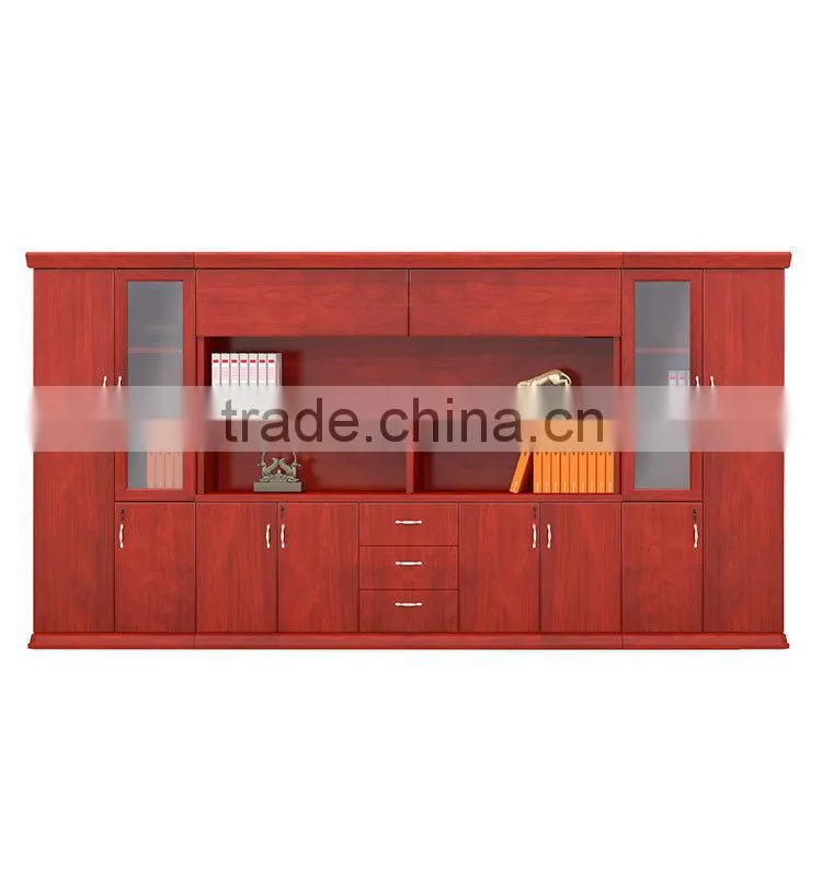 Solid Wooden Red Filing Cabinet with Glass Doors and Combination Lock