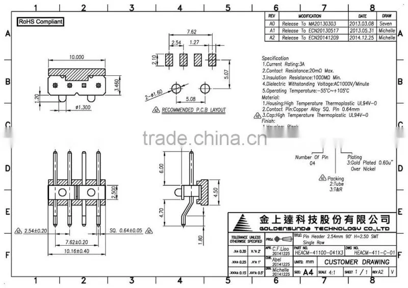 2.54mm Pitch Pin Header 4 Pin Connector