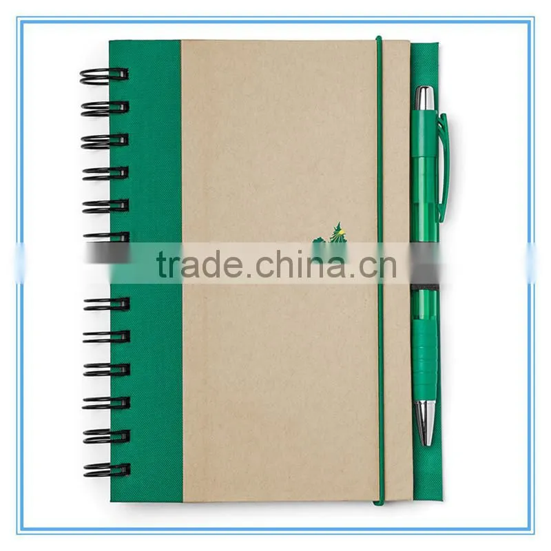 Wholesale office and school supplies imprint kraft paper cover spiral note book with pen
