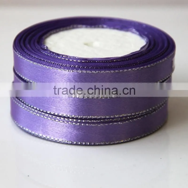 DIY Polyester single face satin ribbon with gold or silver edge