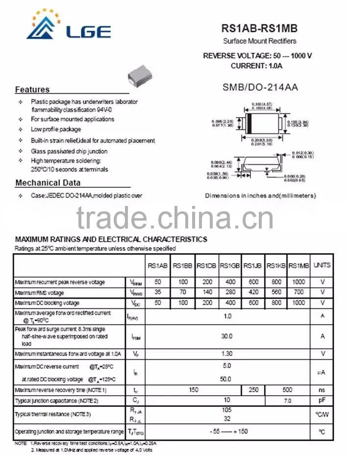RS1KB fast recovery diode 1.0A 800V SMB