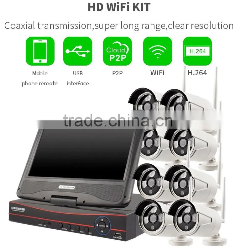 H.264 8ch Wifi NVR Kit HD Wireless Outdoor Camera Home Security System with 10 inch Display Screen