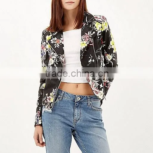 wholesale clothing floral print PU motor jacket