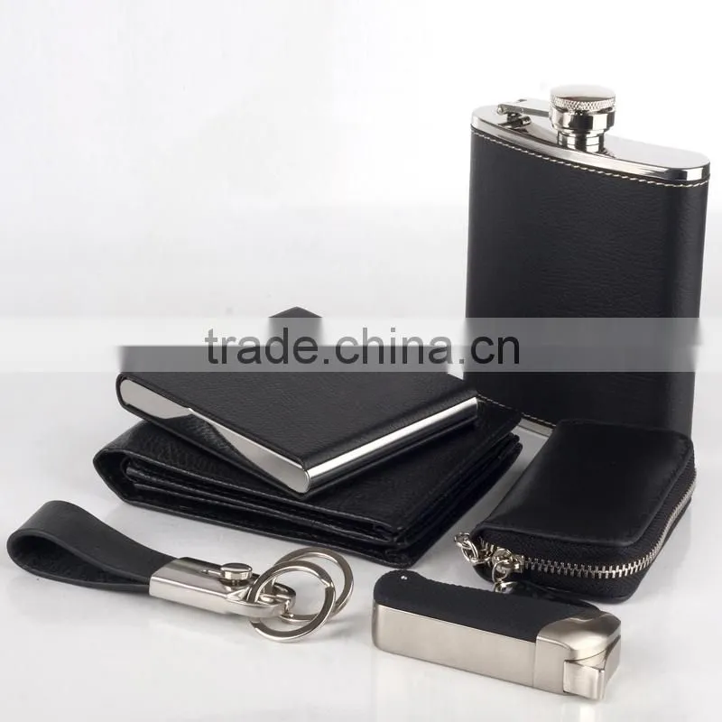 Genuine cowhide leather cover with Mini flask gift set,wallet belt gift set,hot selling leather gift set in gift box