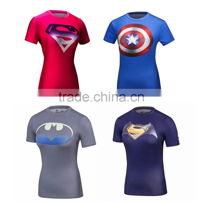 Marvel Superheroes Girls Compression Fitness Shirt Workout Gym Clothing for Women Wholesale Guangzhou Shirt Female Tops