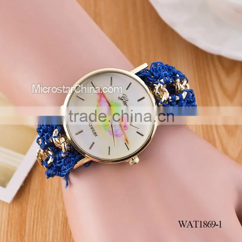 Women New Classic Geneva Ethnic Braided Analog Quartz Chain lips watch strap