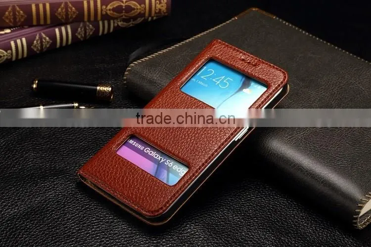 Genuine Leather Cover Window Display Stand Phone Flip Case For Samsung Galaxy S6 Edge