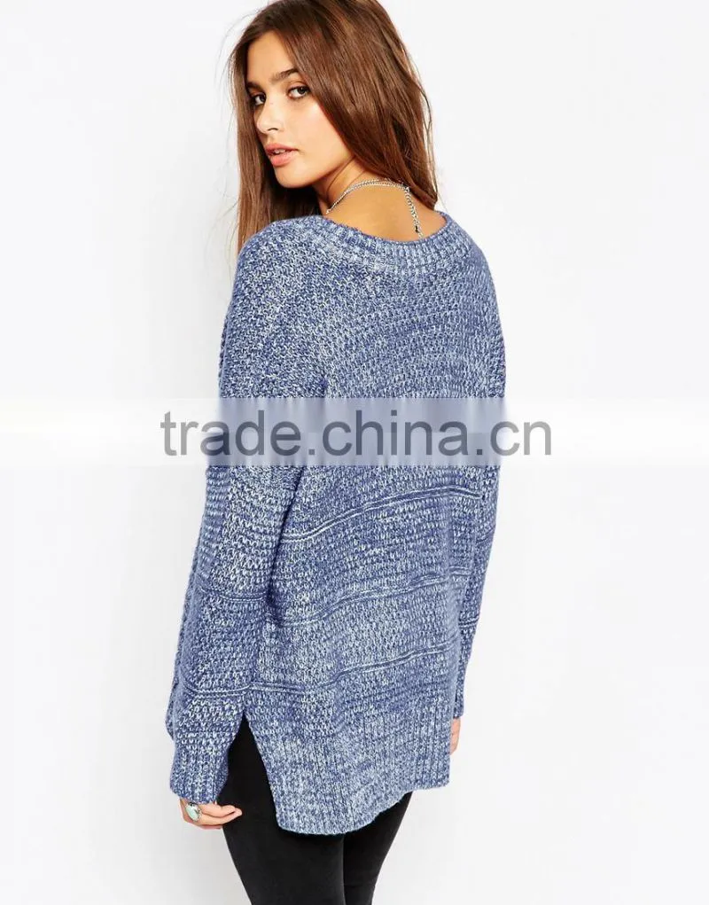 ladies blue knit sweater knitting pattern free V neck chunky tunic thin sweater