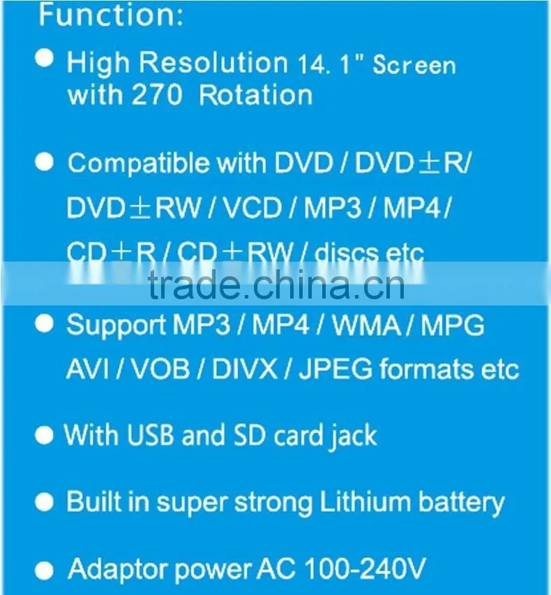 Newest Portable EVD 14.1-inch 1080p HD screen Wholesale portable DVD VCD Players with TV