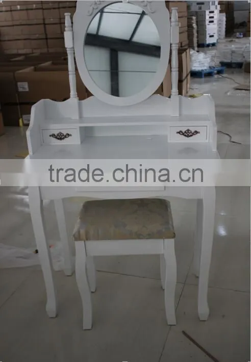 Bedroom Wooden Make-up Dressing Table Set, Wooden Dresser with Mirror and Stool