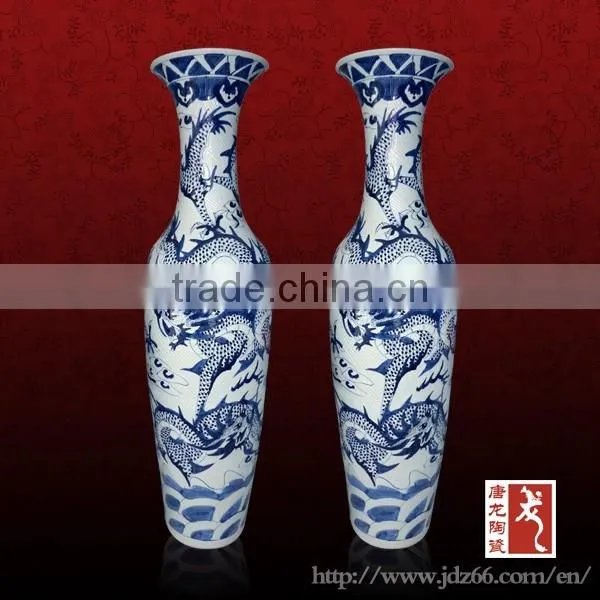 Antique Tall Blue White Porcelain Oriental Dragon Vases With Hand Carved