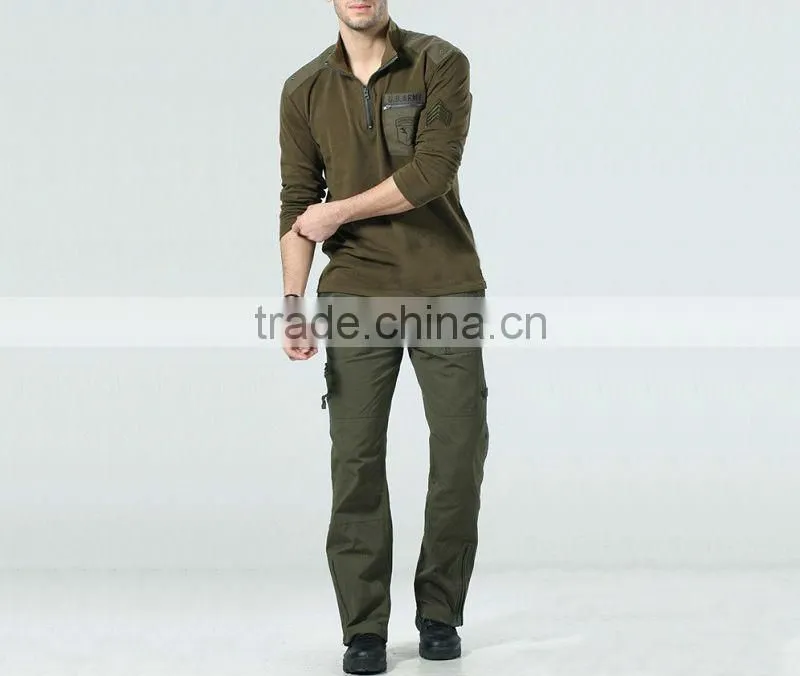 Men's 65% polyester 35% cotton with logo patch zipper collar and pocket military polar fleece jacket