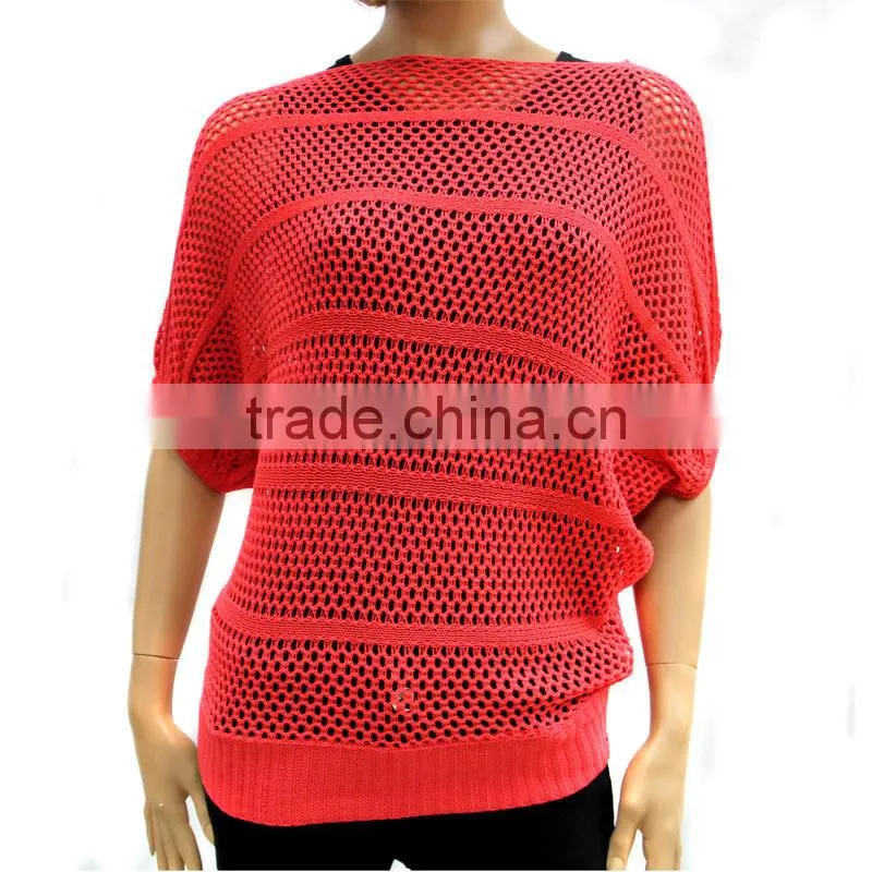 Women Red Sheer Crochet Knitwear Pullovers Sexy Mid-Sleeve Shirts Top