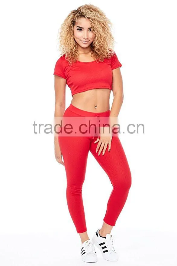 Plain Track Suit Wholesale Womens Red Ribbed Solid Hoodie Crop Top Leggings Set 2 Piece Casual Wear Latest Design Tracksuit