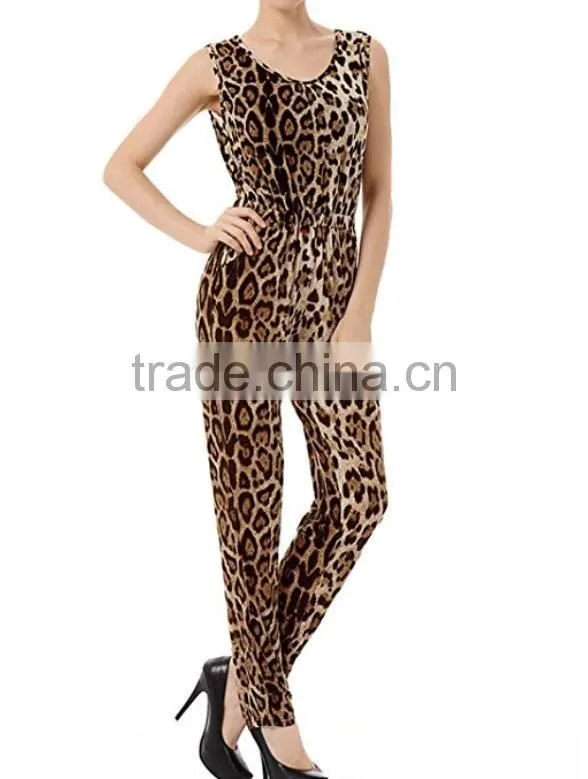Adult Fashion Clothing Wholesale Women Sleeveless Leopard Prints Casual One Piece Custom Made Summer Jumpsuits Pants 2017