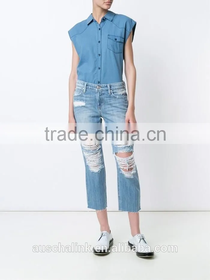 new arrival 100%cotton women sleeveless denim shirts customized