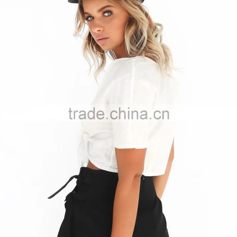 Latest Design Sexy Deep V Neck Crop Tops Short Sleeve Blouse 2017