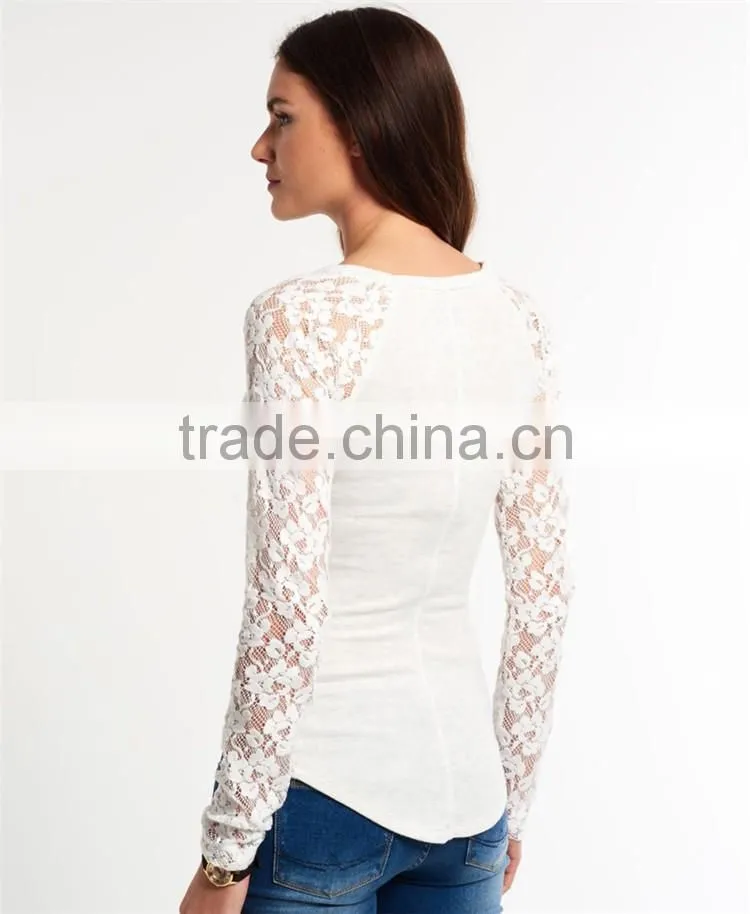 2016 Guangzhou Shandao OEM/ODM Custom Design Casual Long Lace Sleeve Round Neck Bodycon White Cotton Sexy Western Tops Ladies