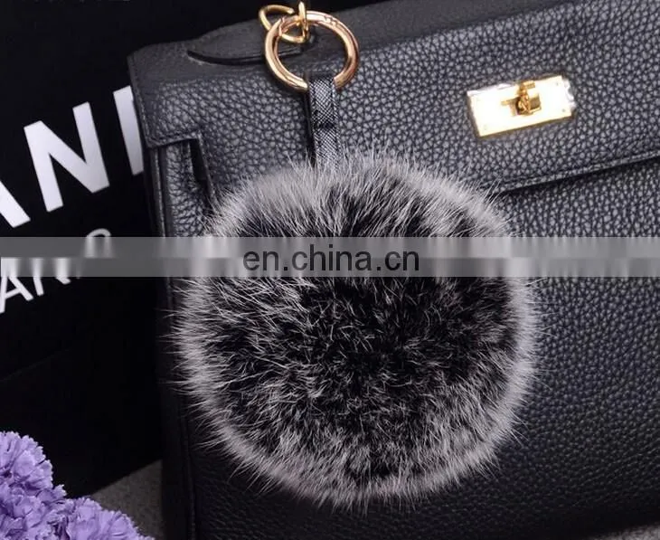 Factory wholesale multicolor and fluffy fox fur pom pom ball keychain